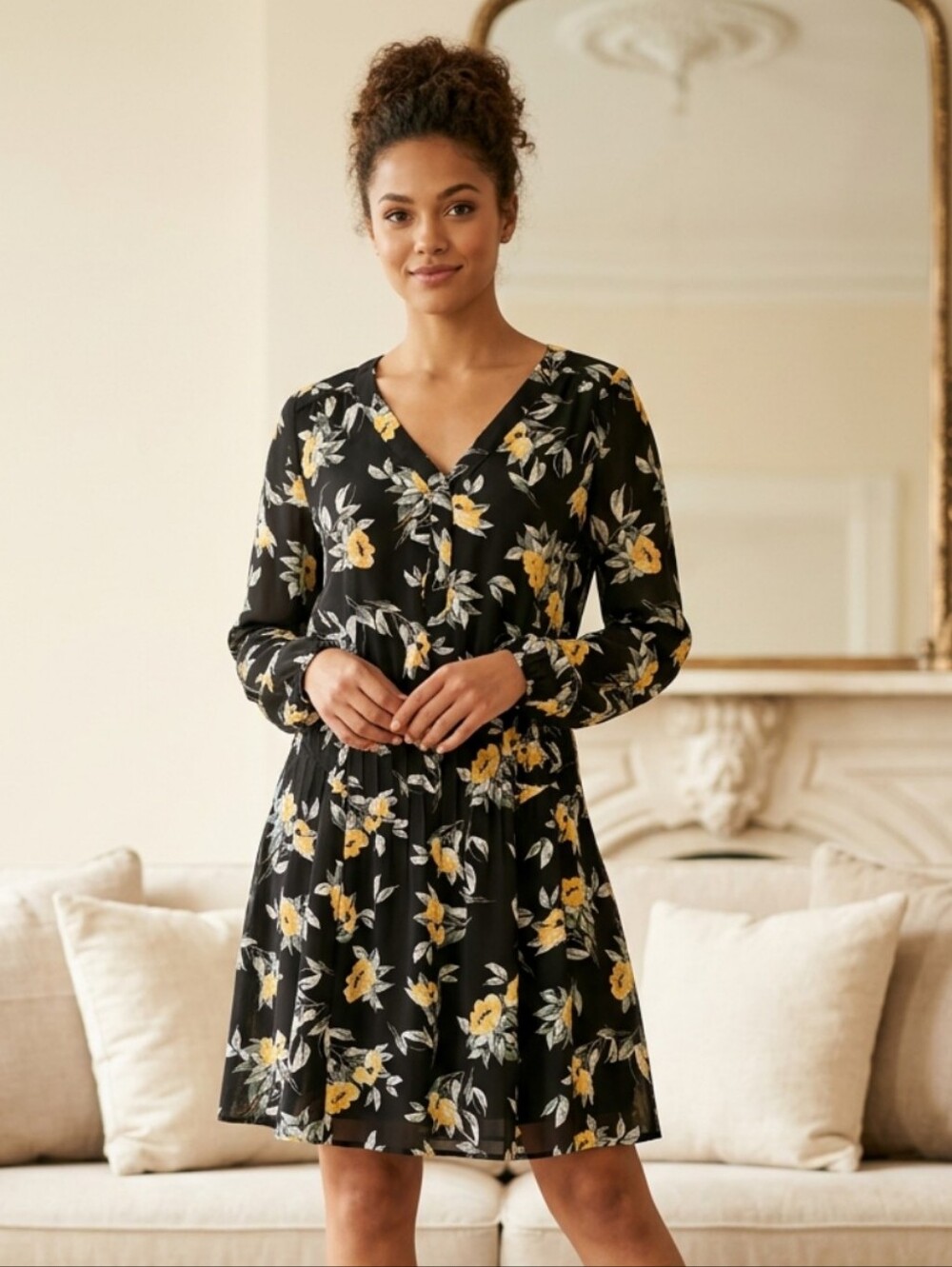 WHBM  Floral V-Neck Long Sleeve Dress